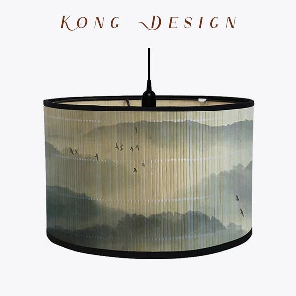 Mountain Painting Foldable Bamboo Lamp Shade Chinese Style Chandelier Lamp Lampshade for Floor/Table/Ceiling Lamp E27