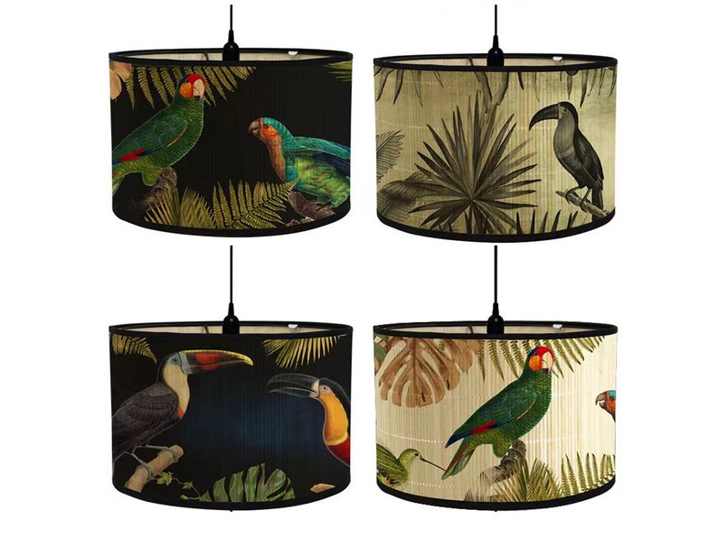 Bamboo Lamp Shade Birds Pattern Chandelier Lamp Cover Lamp Lampshade Drum Lamp Shade Vintage Lampshade E27 Ceiling Lamp image 2