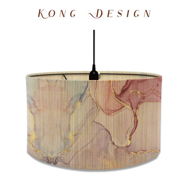 Pink /Gold Marble Pattern Foldable Bamboo Lamp Shade Chinese Style Chandelier Lamp Lampshade for Floor/Table/Ceiling Lamp E27