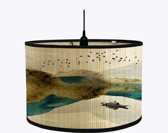 Mountain and River Landscape Painting Bamboo Lamp Shade Vintage Style Light Cover Lamp Shades for Floor Light and Table Lamp