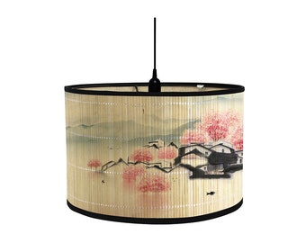 Foldable Decorative Lamp Cover Vintage Bamboo Lampshade Art Painting Chinese Style Drum Cylinder Light Cover for Table Floor Pendant Light