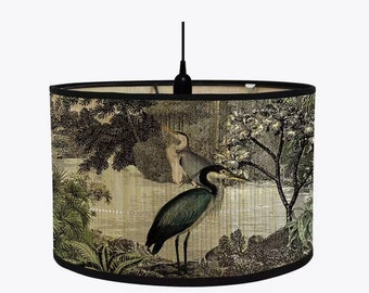 Pantalla de lámpara de bambú, lámpara de araña con patrón de pájaros, cubierta de lámpara, pantalla de tambor, pantalla de lámpara Vintage, lámpara de techo E27