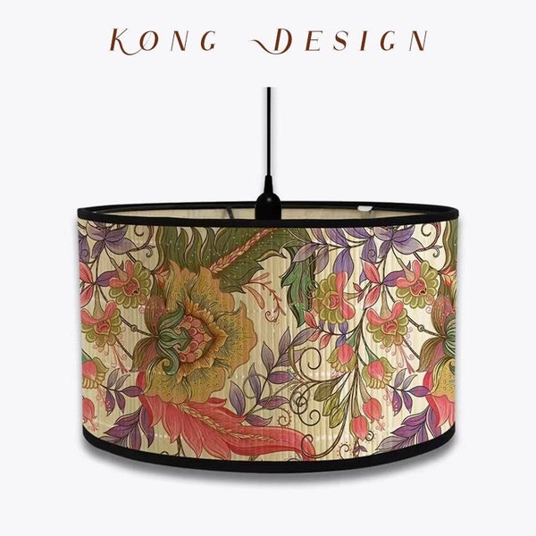 Decorative Drum Lampshade Vintage Bamboo Lampshade Flora Pattern Chandelier Lamp Cover for Pendant Floor Light Colorful Lamp Shades