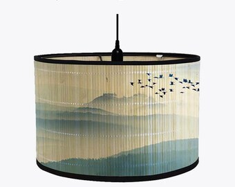 Mountain and Birds Painting Foldable Bamboo Lamp Shade Chinese Style Chandelier Lamp Lampshade for Floor/Table/Ceiling Lamp E27