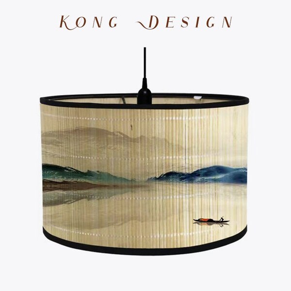 Chinese Style Bamboo Lamp Shade Landscape Painting Chandelier Lamp Lampshade Vintage Light Cover Lamp Shades for Floor Light and Table Lamp