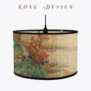 Bamboo Lamp Shade Landscape Pattern Lamp Cover Lamp Lampshade Drum Lamp Shade Vintage  Lampshade E27 Ceiling Lamp