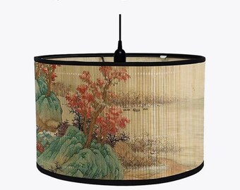 Pantalla de lámpara de bambú, patrón de paisaje, cubierta de lámpara, pantalla de lámpara, pantalla de tambor, pantalla Vintage, lámpara de techo E27