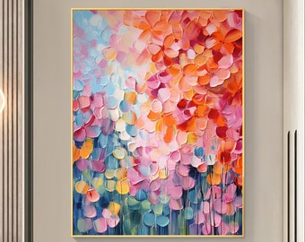 Pintura al óleo de flores coloridas originales sobre lienzo, arte floral floreciente abstracto, arte de la pared de la sala de estar, decoración colorida de la pared, pintura texturizada