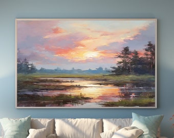 Abstract Landscape Oil Painting On Canvas, Original Sunset Painting, Living Room Wall Decor, Nature Scenery Painting, Extra Large Wall Art