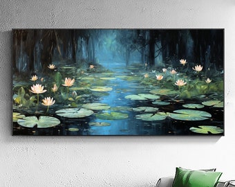 Abstract Landscape Oil Painting On Canvas, Original Pink Water Lily Painting, Living Room Decor, Modern Wall Art, Custom Forest Painting