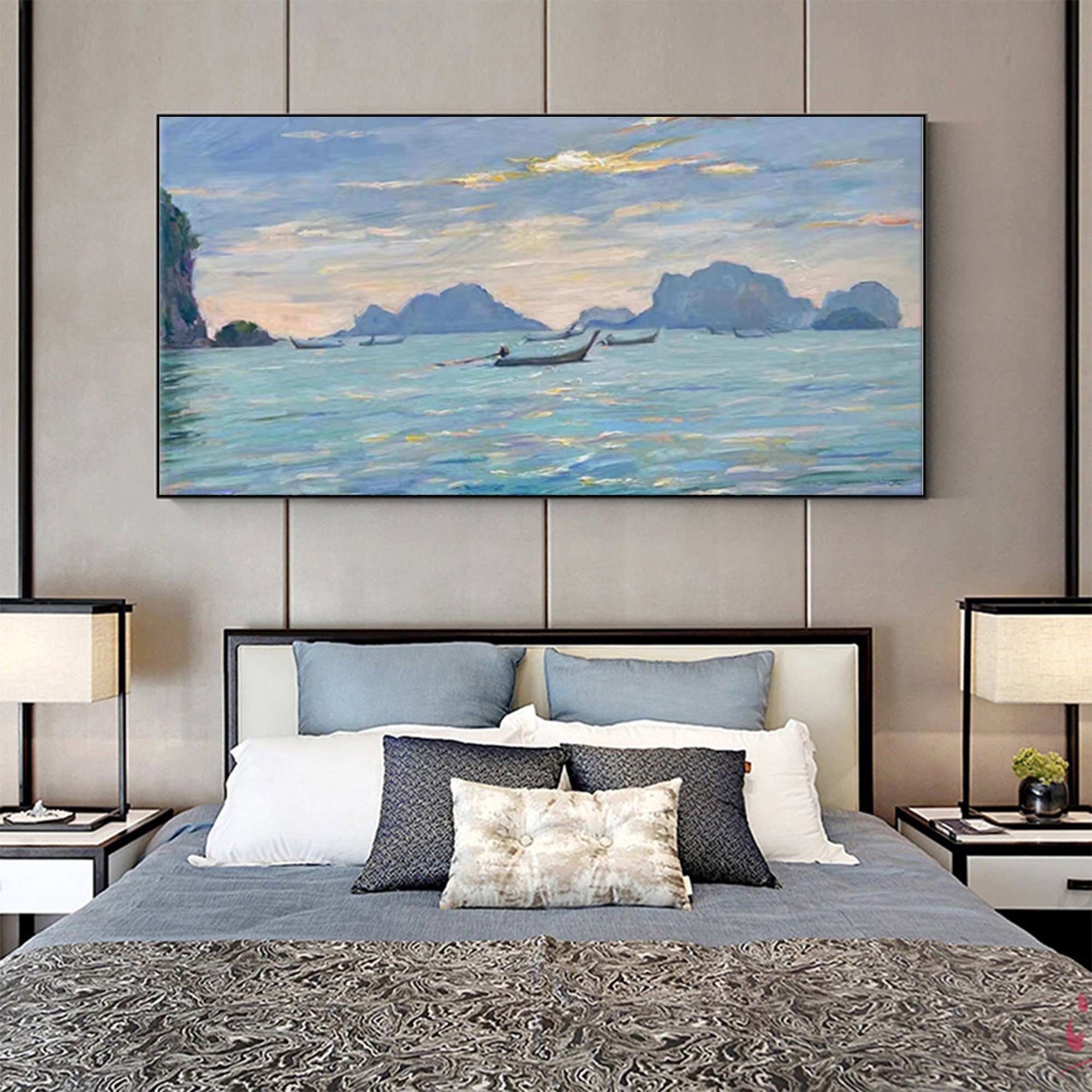 Abstract Landscape Oil Painting on Canvas, Large Blue Wall Art, Custom