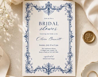 Dusty Blue Bridal Shower Invitation Vintage Something Blue Bridal Shower Invite Elegant Ornate Frame Wedding Shower Invite Canva