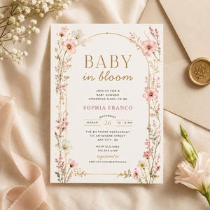 Editable Baby in Bloom Invitation Template Pink Floral Baby Shower Invite Printable Digital Download Canva