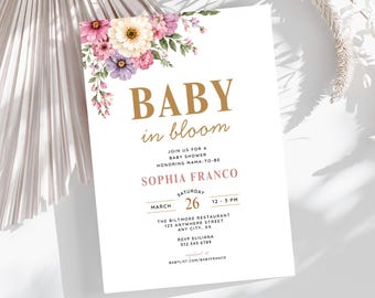 Baby in Bloom Baby Shower Invitation, Floral Baby Shower Invite, Editable Canva Template, Wildflower Baby Shower, Printable Instant Download