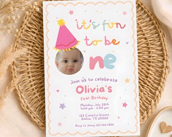 Its Fun To Be One First Birthday Invitation for Girl, Editable Canva Template, Digital Download , Canva