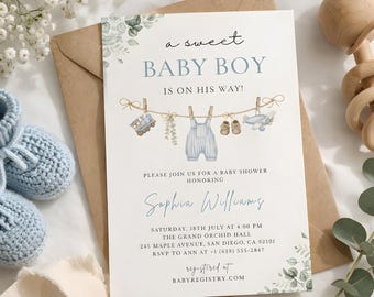 Blue Baby Clothes Sweet Baby Boy Invitation, Blue Floral Clothesline Invite, A Sweet Baby Boy is on Her Way Baby Shower, Editable Canva