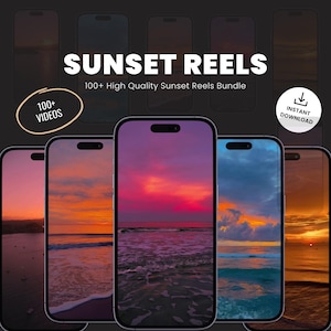 Puede incluir: Una colección de más de 100 reels de puesta de sol de alta calidad para redes sociales. La imagen muestra una variedad de escenas de puesta de sol con diferentes colores y estados de ánimo. El texto "SUNSET REELS" y "100+ High Quality Sunset Reels Bundle" se muestra en la parte superior de la imagen.