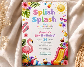 Waterslide Birthday Party Invitation, Girl Birthday Invite, Summer Birthday Invite Girl, Editable Template, Digital Download, Canva