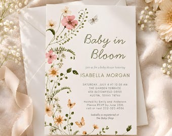 Baby in Bloom Invitation Template Floral Watercolor Baby Shower Invite Printable Digital Download Canva Editable
