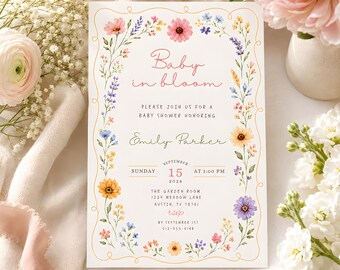 Wildflower Baby Shower Invitation, Baby in Bloom Floral Garden Party Invite, Watercolor Spring Flowers Printable Digital Download Canva