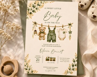 Sage Green Clothesline Baby Shower Invitation, Gender Neutral Invite, Editable Canva Printable