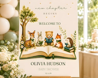 Baby Shower Welcome Sign, A New Chapter Begins, Storybook Baby Shower Sign, Book Theme Baby Shower, Printable, Digital Download, Canva