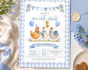 One Cute Chick Birthday Invitation, Chicken Theme Invite, Little Farm Barnyard Party, Baby Boy First 1st Birthday