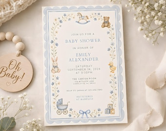 Blue Baby Shower Invitation Template, Vintage Nursery Toys Invite, Teddy Bear Rocking Horse, Floral Editable Printable Download