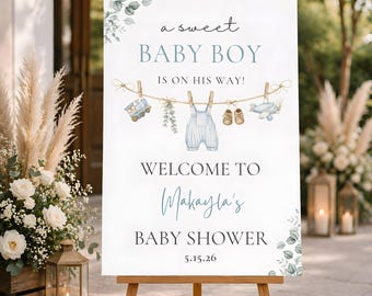 Blue Baby Clothes Sweet Baby Boy Welcome Sign, Blue Floral Clothesline Sign, A Sweet Baby Boy is on Her Way Baby Shower, Editable Canva