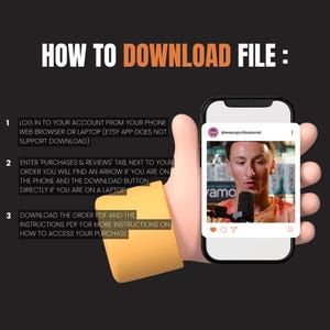 May include: A graphic with instructions on how to download a digital file from Etsy. The instructions are numbered 1, 2, and 3. The graphic includes a cartoon hand holding a smartphone with a social media post on the screen. The post is from the account @weareprofessional and includes a photo of a person speaking into a microphone. The text on the post is "vamo".