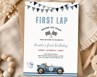 Racing Car Birthday Invitation, First Lap Around the Track, 1st Birthday, Editable Template, Digital Download, Canva