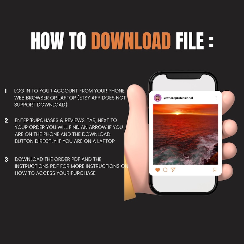 Puede incluir: Un gr&aacute;fico con instrucciones sobre c&oacute;mo descargar un archivo digital de Etsy. El gr&aacute;fico muestra una mano sosteniendo un tel&eacute;fono inteligente con una imagen de puesta de sol en la pantalla. El texto en el gr&aacute;fico dice "HOW TO DOWNLOAD FILE:" e incluye tres pasos numerados.