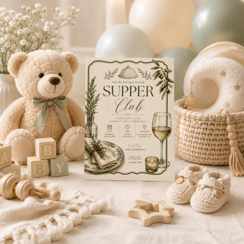 Elegant supper club dinner party invitation close up showing editable host name date time location and RSVP fields, vintage olive Italian dinner Canva template personalized instant download
