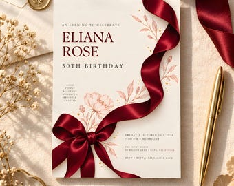 Coquette Bow Birthday Invite, Red Ribbon Girl Party Personalized Invite Printable Digital Download Canva