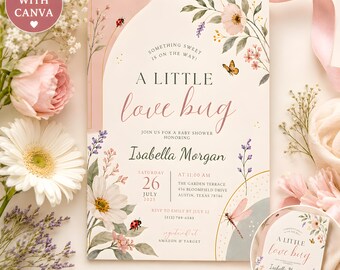 Love Bug Baby Shower Invitation, Love Bug Baby Invite, A Little Lovebug Is On The Way, Ladybug Wildflower Garden Editable Canva Template