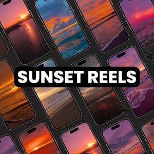 Puede incluir: Un collage de nueve im&aacute;genes que muestran diferentes escenas de puesta de sol sobre el oc&eacute;ano. Las im&aacute;genes est&aacute;n dispuestas en una cuadr&iacute;cula y el texto "SUNSET REELS" est&aacute; superpuesto sobre las im&aacute;genes.