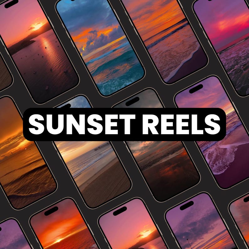 Puede incluir: Un collage de nueve im&aacute;genes que muestran diferentes escenas de puesta de sol sobre el oc&eacute;ano. Las im&aacute;genes est&aacute;n dispuestas en una cuadr&iacute;cula y el texto "SUNSET REELS" est&aacute; superpuesto sobre las im&aacute;genes.