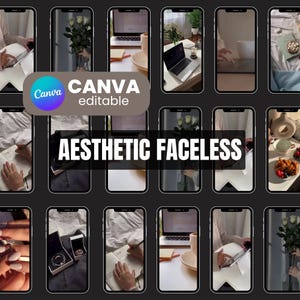 May include: A collage of images showcasing a variety of aesthetic and minimalist scenes, including a laptop, a notebook, a cup of coffee, flowers, and a jewelry box. The images are all in a similar style, with a focus on simple, clean lines and muted colors. The text "CANVA editable" and "AESTHETIC FACELESS" are also included in the collage.