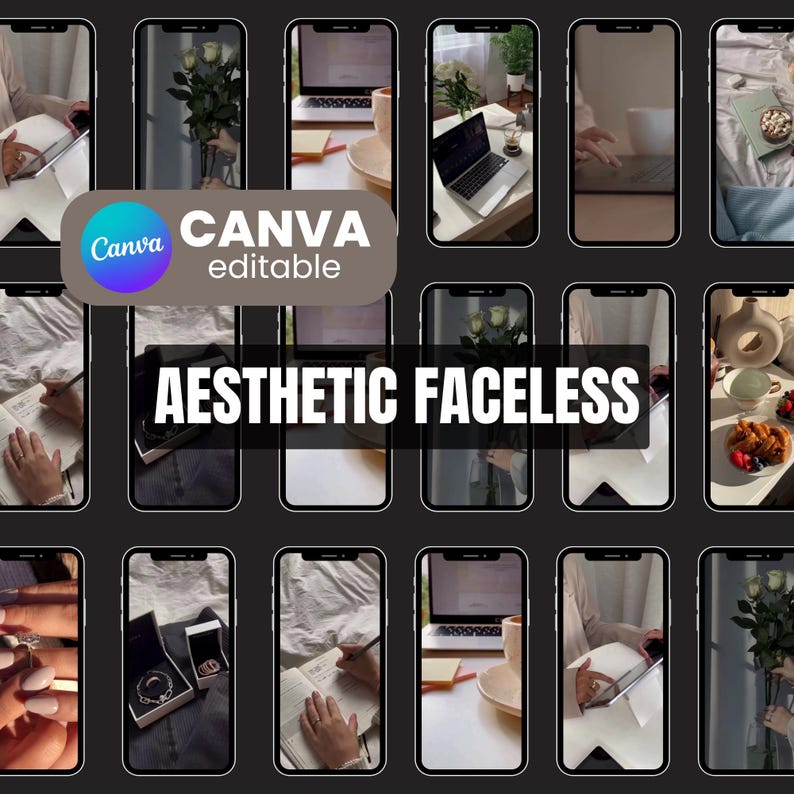 May include: A collage of images showcasing a variety of aesthetic and minimalist scenes, including a laptop, a notebook, a cup of coffee, flowers, and a jewelry box. The images are all in a similar style, with a focus on simple, clean lines and muted colors. The text "CANVA editable" and "AESTHETIC FACELESS" are also included in the collage.