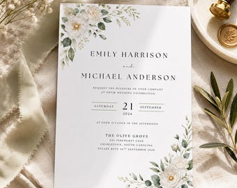White Floral Wedding Invitations, Elegant Wedding Invites, Greenery Eucalyptus Wedding Card Editable, Digital Download, Canva