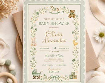 Green Baby Shower Invitation Template, Vintage Nursery Toys Invite, Teddy Bear Rocking Horse, Floral Editable Printable Download