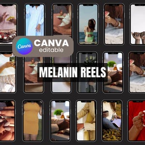 May include: A collage of 12 images featuring people of color in various settings. The images are arranged in a grid pattern and are all in a vertical format. The text "CANVA editable" and "MELANIN REELS" are superimposed on the images.