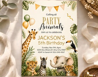 Party Animal Birthday Invitation, Jungle Safari Birthday Invite, Editable Canva Template, Wild One Birthday Invitation, Printable Download
