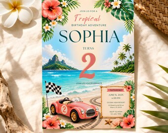 Race Car 2nd Birthday Invitation, Tropical Beach Birthday Invite, Vintage Car Party, Summer Birthday, Editable Canva Template