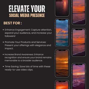 Puede incluir: Un gr&aacute;fico con el texto "Elevate Your Social Media Presence" y "Best For:" seguido de cuatro vi&ntilde;etas que describen los beneficios de usar el producto. El gr&aacute;fico tambi&eacute;n incluye cinco im&aacute;genes de una puesta de sol sobre el oc&eacute;ano.