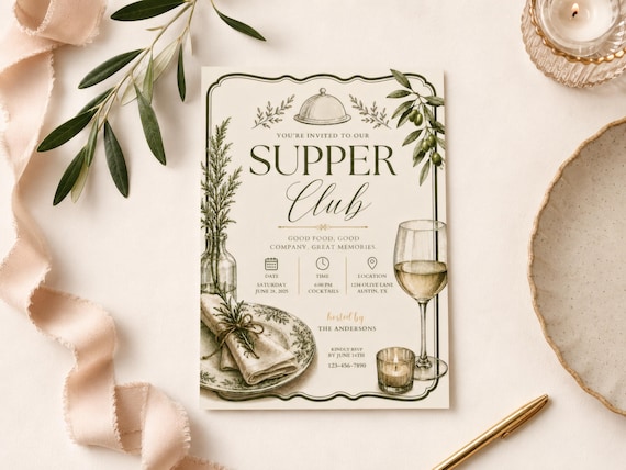 Supper Club Invitation Template, Dinner Party Invite Editable Canva, Vintage Olive Italian Dinner Party Invitation Printable Canva