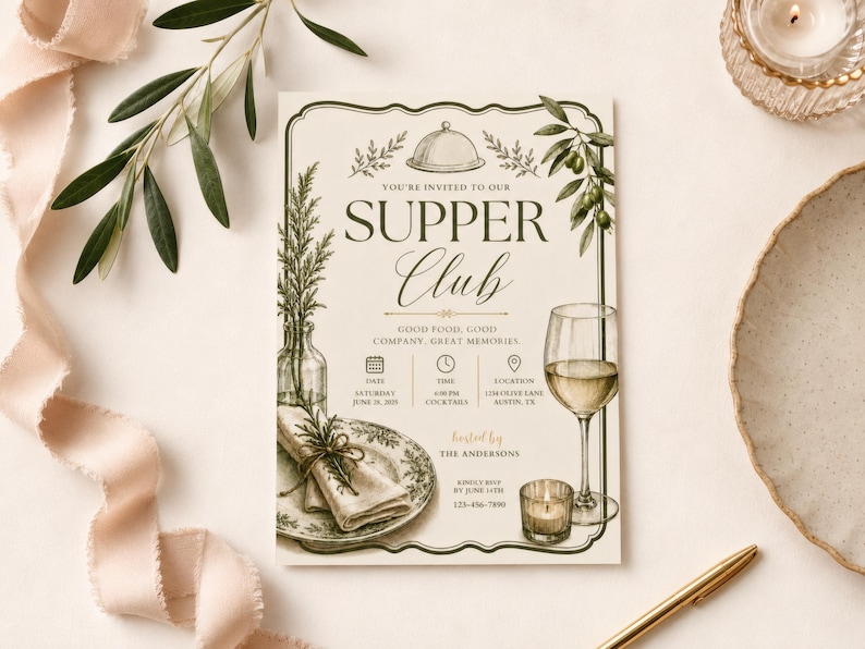 Supper club invitation template with vintage engraved olive branch rosemary wine glass and cloche illustrations, elegant scalloped border olive green dinner party invite editable Canva 5x7 printable instant download