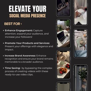 May include: A black and white graphic with the text "Elevate Your Social Media Presence" and a list of bullet points describing the benefits of using video clips for social media. The bullet points include "Enhance Engagement", "Promote Your Products and Services", "Increase Brand Awareness", and "Time Saving".