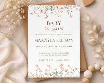 Editable Baby in Bloom Baby Shower Invitation, Wildflower Baby Shower Invite, Pink Spring Flowers Baby Shower Invitation, Canva Template