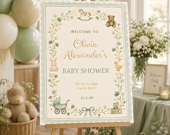 Green Baby Shower Welcome Sign Template, Vintage Nursery Toys Sign, Teddy Bear Rocking Horse, Floral Editable Printable Download